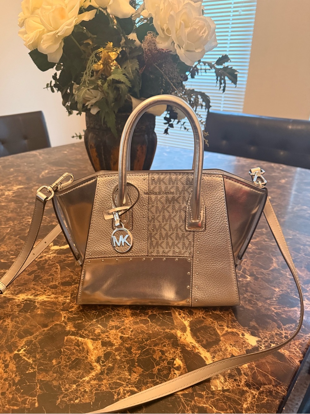 Michael Kors Metallic Taupe Logo Satchel with Detachable Strap - Picture 6 of 8